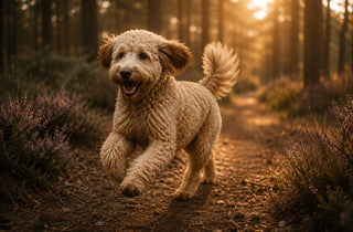Drachtige doodle rent vrolijk door een bos tijdens zonsondergang, met warme gouden lichtstralen en een sfeervolle natuurlijke achtergrond.