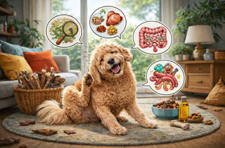 Labradoodle met jeuk in de woonkamer, met illustraties die voeding, darmen en stress als oorzaken van jeuk bij honden tonen