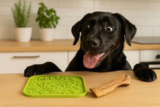Zwarte labrador kijkt vrolijk naar Keetjes-likmat met natuurlijke hondensnack op aanrecht in lichte keuken.