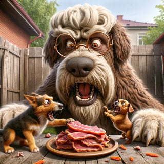  De afbeelding toont een grote, harige hond met een komisch overdreven, vriendelijke uitdrukking, die op humoristische wijze probeert te bemiddelen in een speelse strijd tussen twee jonge honden om een gedroogde vleesplaat.