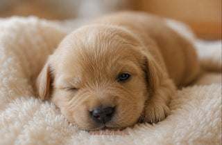 Pasgeboren puppy waarvan één oogje langzaam opengaat terwijl hij ontspannen ligt op een zachte warme deken in een rustige nestomgeving.