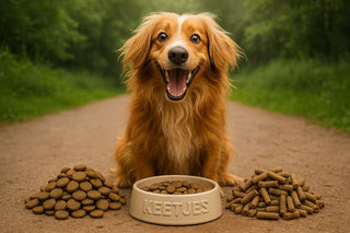 rolijke langharige hond zit buiten bij een beige Keetjes-voerbak met twee hoopjes hondenbrokken: links krokante brokken en rechts geperste brokken.